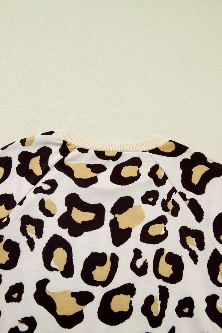 Khaki Leopard Long Sleeve Shift T Shirt Dress with Pockets