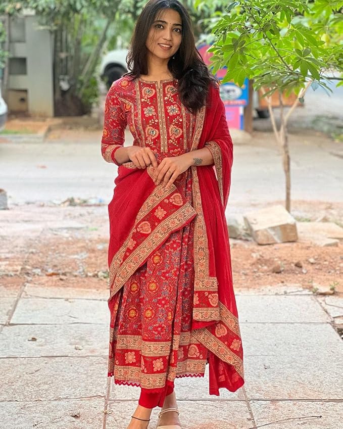 Red Printed Anarkali Suit Set with Matching Dupatta