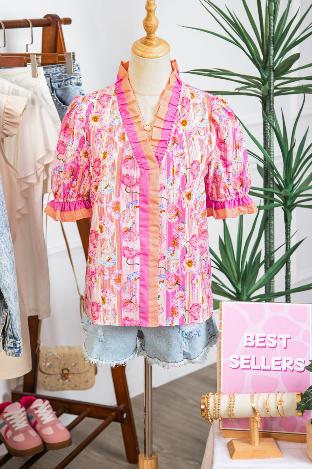 Pink Poppy Flower Striped Print Color Block Trim V Neck Short Sleeve Cotton Blouse