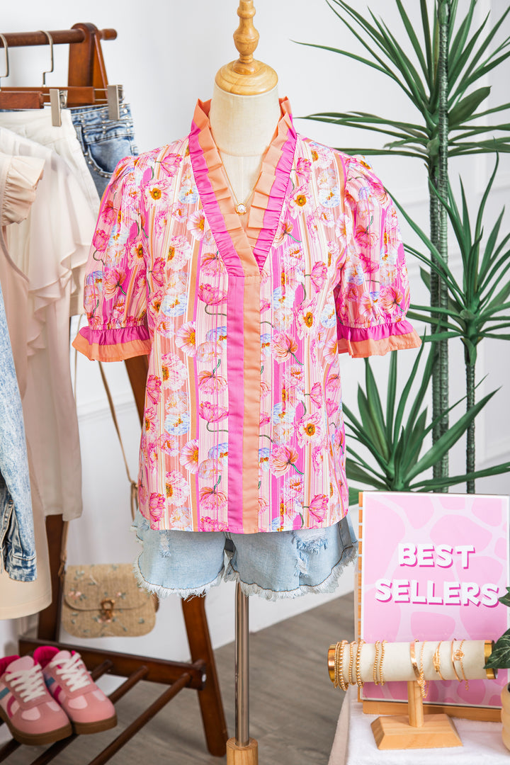 Pink Poppy Flower Striped Print Color Block Trim V Neck Short Sleeve Cotton Blouse