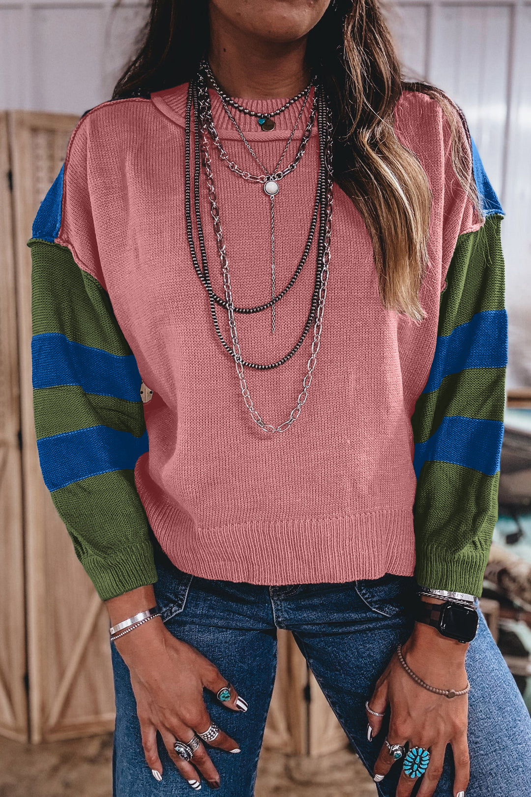 Multicolour Western Colorblock Patchwork Striped Long Sleeve Pullover Sweater