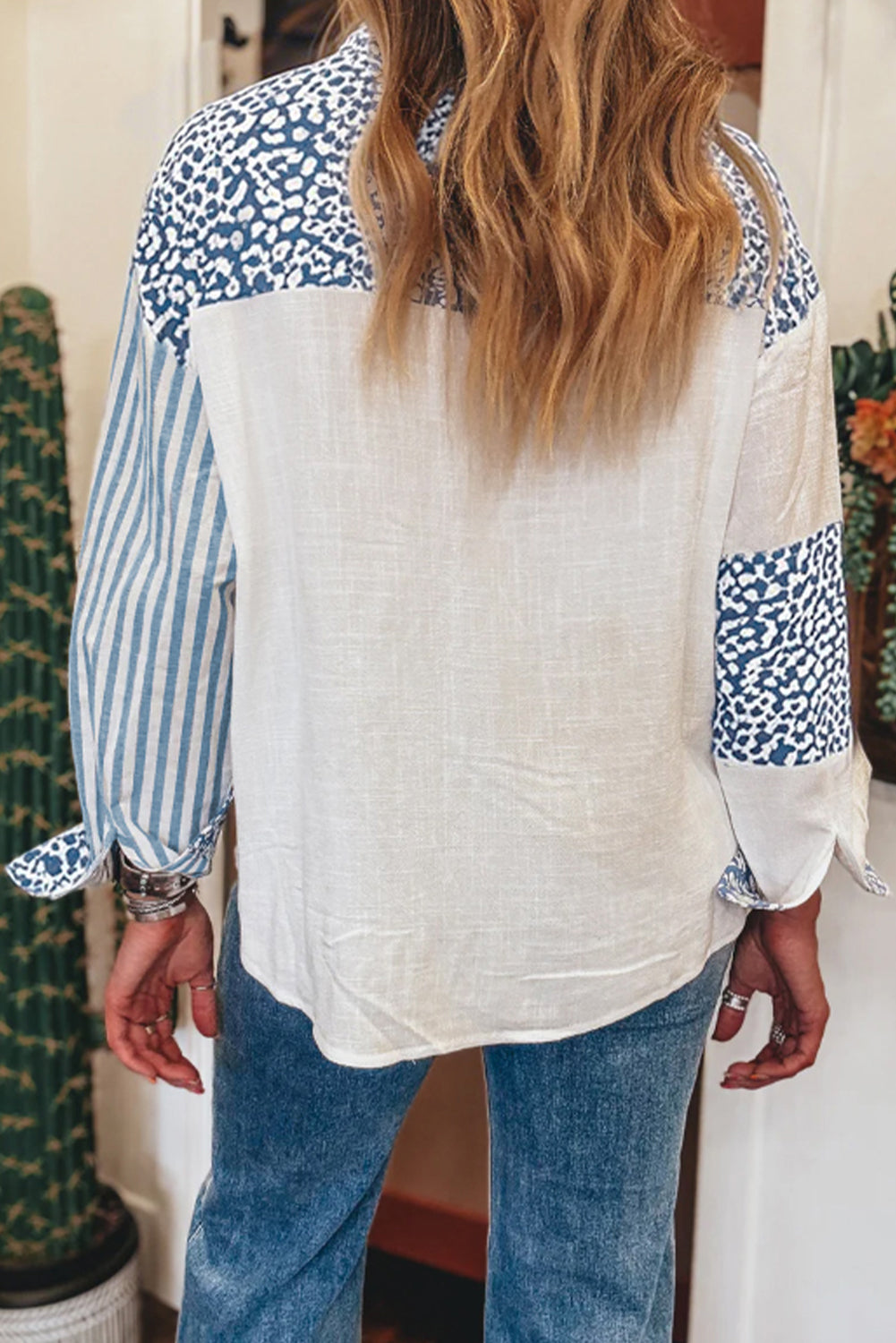 Sky Blue Leopard Striped Western Casual Shirt
