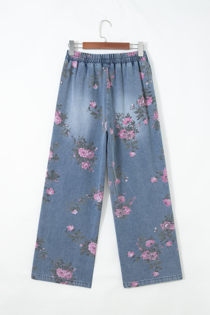 Beau Blue Floral Print Elastic Waist Pull On Casual Jeans