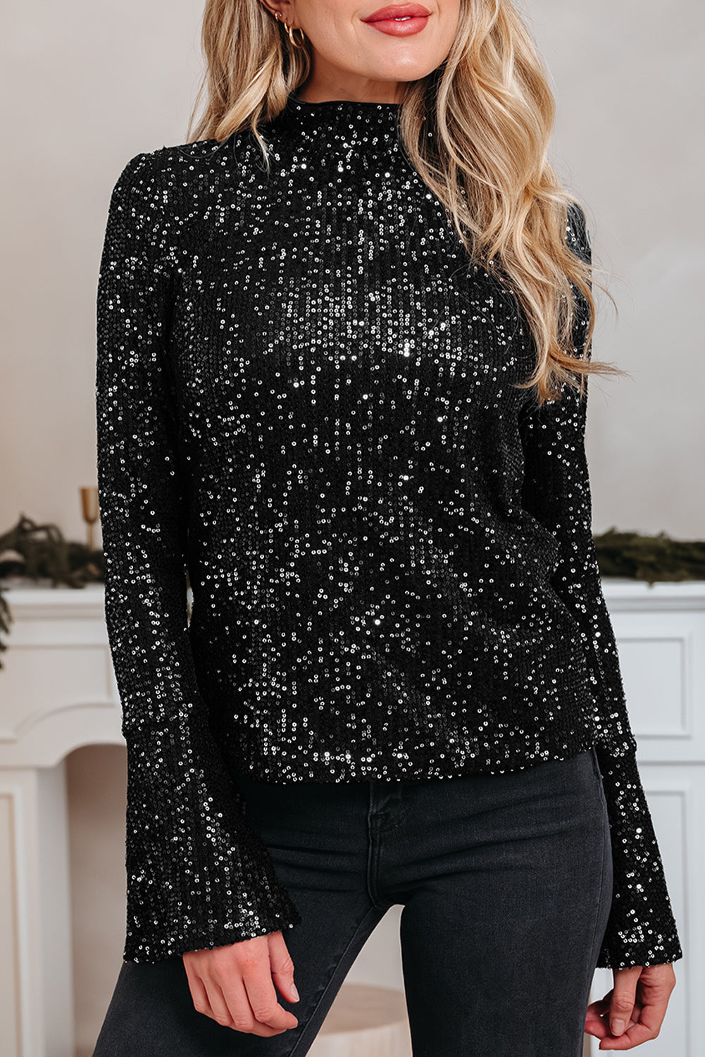 Black Sequin Mock Neck Drape Open Back Bell Sleeve Top