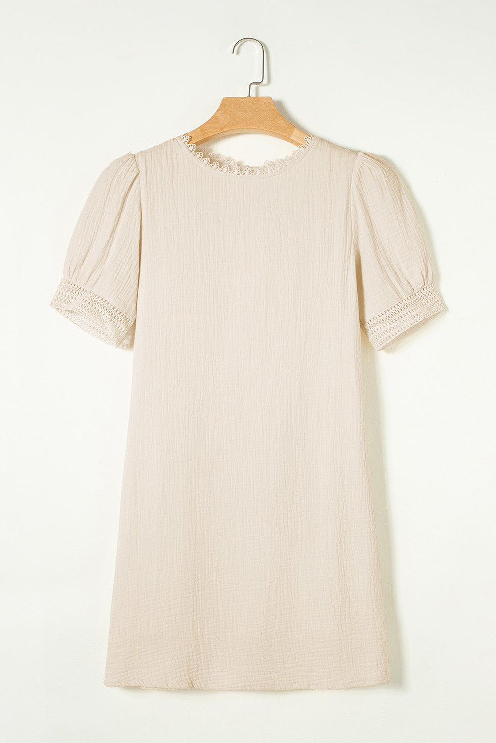 Beige Crinkle Lace Trim Puff Sleeve Shift Cotton Mini Dress