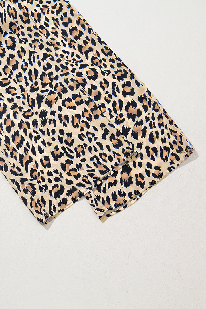 Parchment Leopard Drawstring Elastic Waistband Flowy Wide Leg Pants
