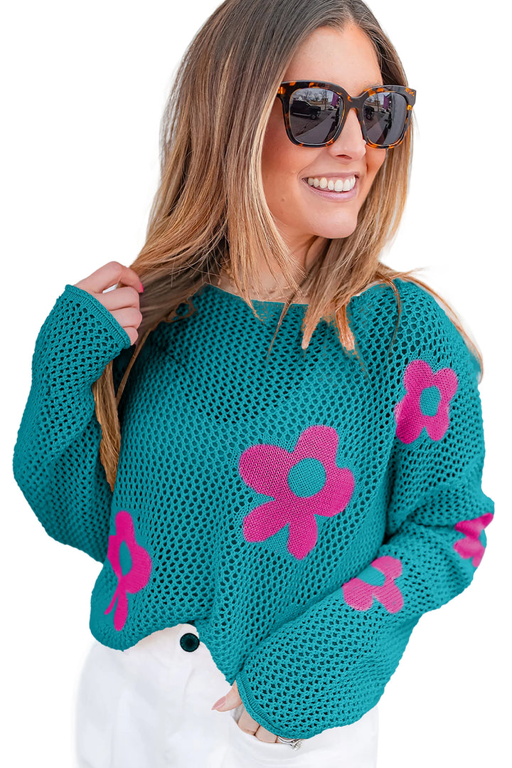 Sea Green Big Flower Hollowed Knit Drop Shoulder Sweater | Women