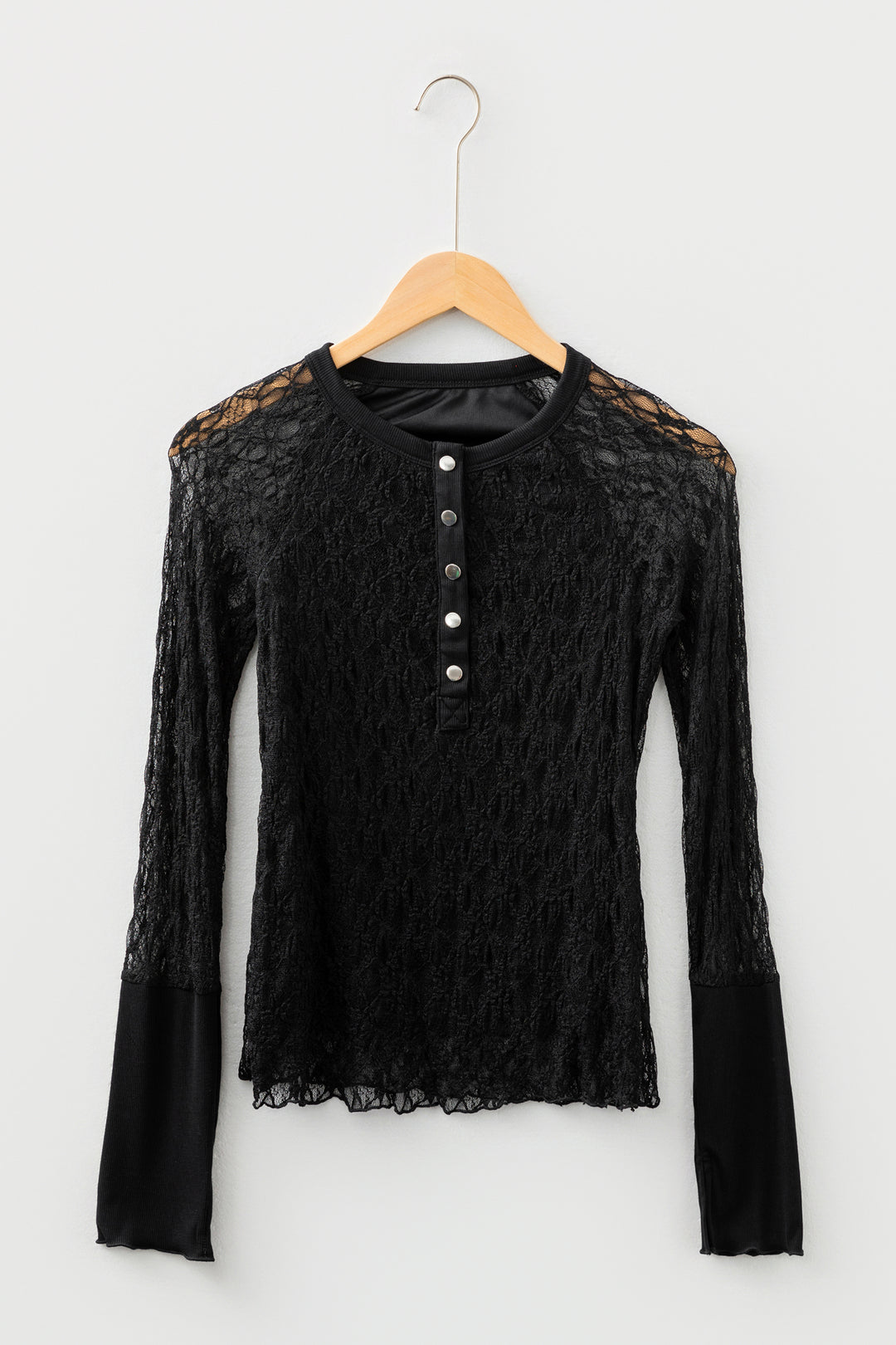 Black Sheer Lace Long Sleeve Slim Henley Top