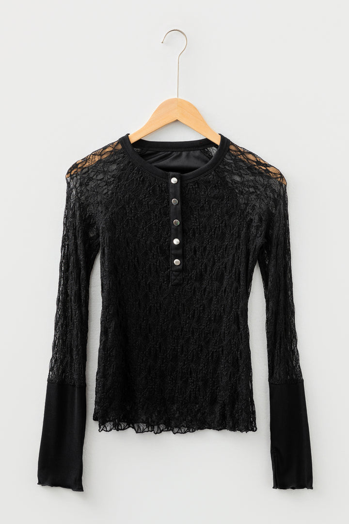Black Sheer Lace Long Sleeve Slim Henley Top