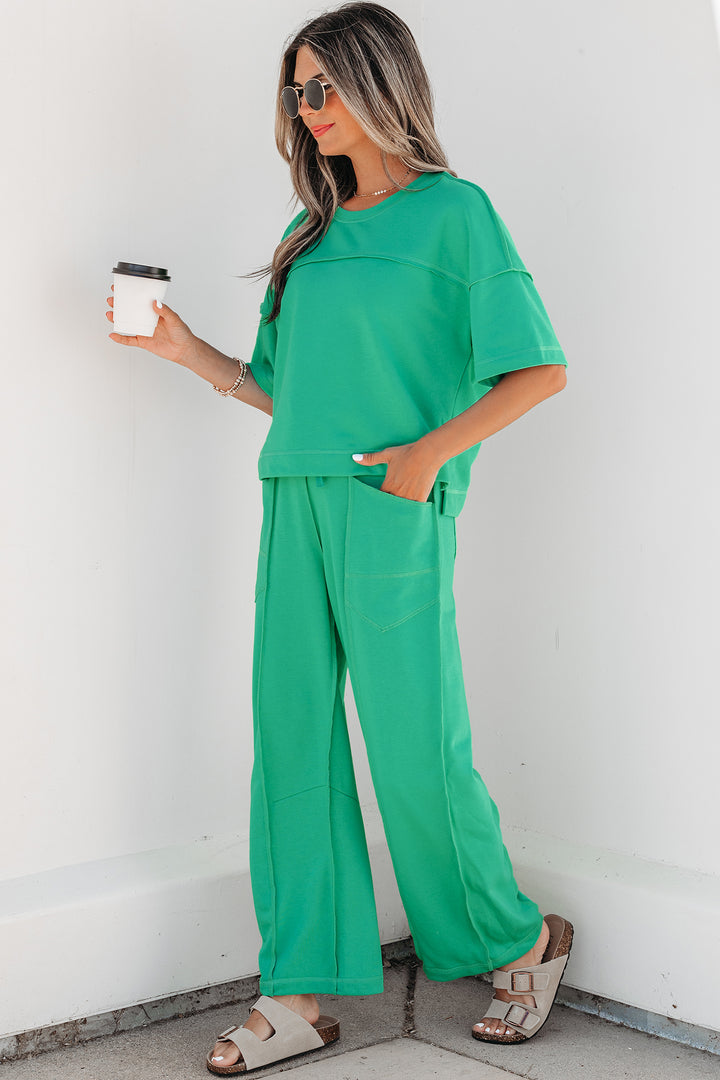 Rose Red Drop Shoulder Boxy Tee and Barrel Pants Set