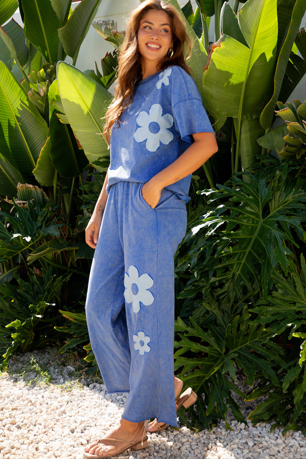 Lilac Floral Patch Exposed Seam Raw Edge Pants Set