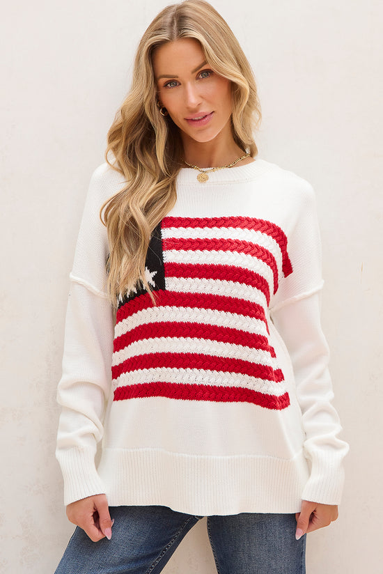 White American Flag Cable Knit Drop Shoulder Sweater | Women