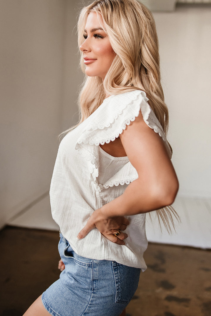 White Crinkled Layered Ruffled Flutter Sleeve Blouse