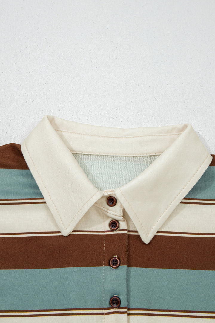 White Stripe Button Polo Collar Tee Drawstring Elastic Waist Patchwork 2pcs Short Set