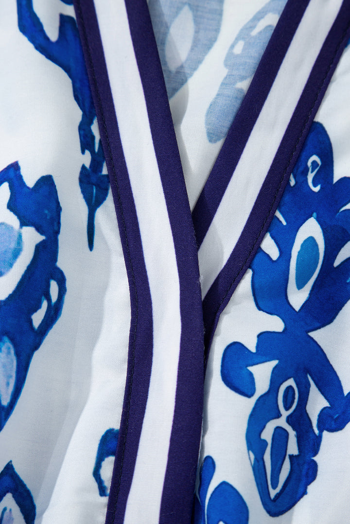 Blue Floral Puff Short Sleeve V Neck High Waist Maxi Dress