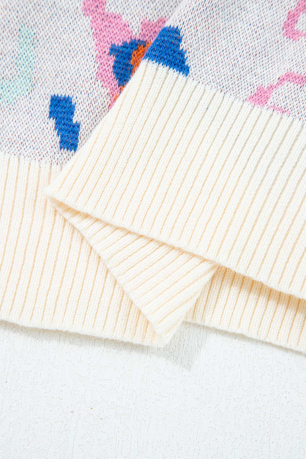 Apricot Abstract Pattern Knit Contrast Striped Trim Short Sleeve Sweater