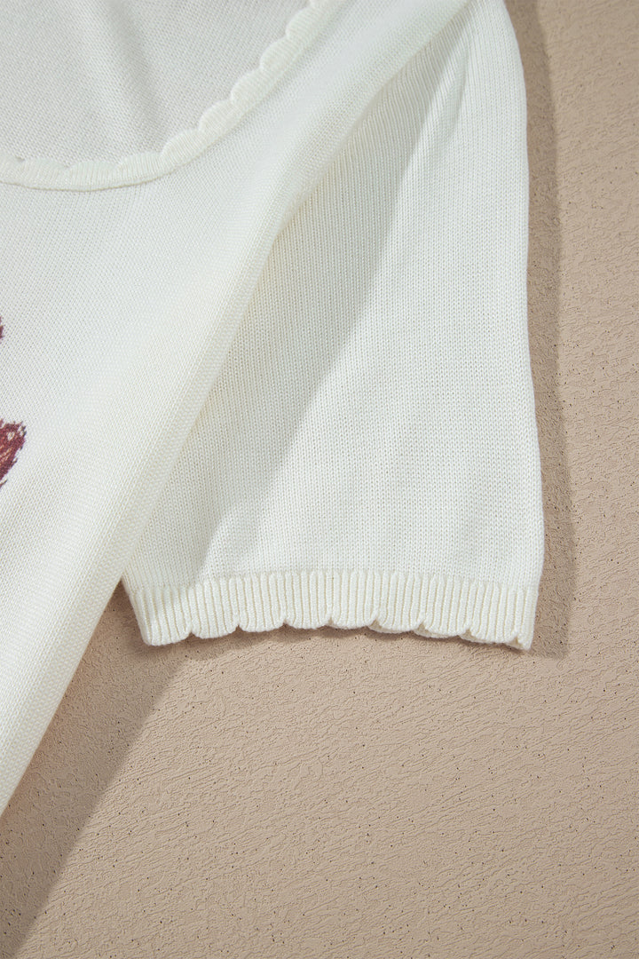 White Western Floral Print Short Sleeve Square Collar Knit Sweater
