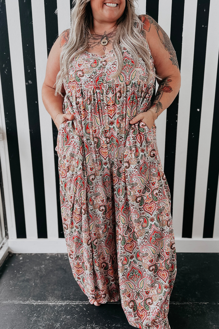 Multicolour Plus Size Paisley Print Sleeveless V Neck Jogger Jumpsuit