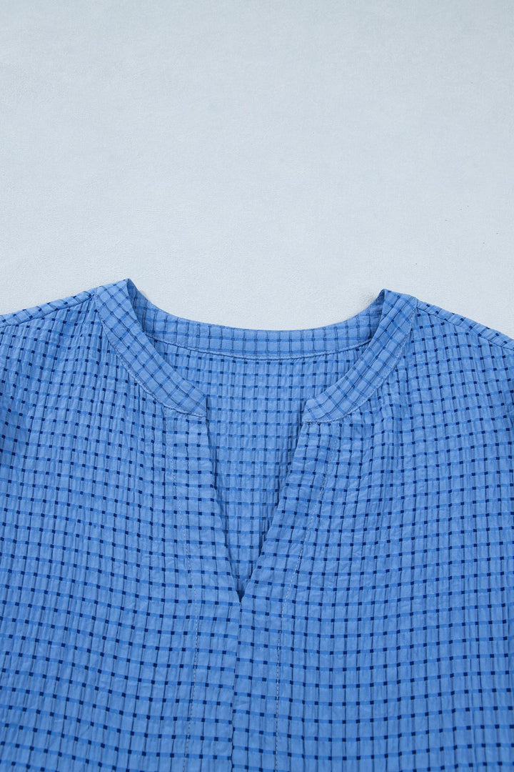 Dusk Blue Gingham Textured Bow Tie Short Sleeve Tiered Midi Dress