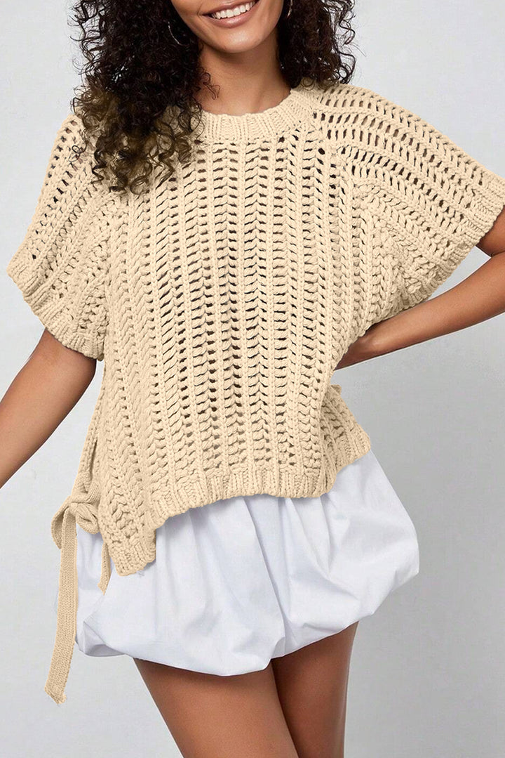 Black Plus Size Open Knit Bow Tie Short Sleeve Sweater