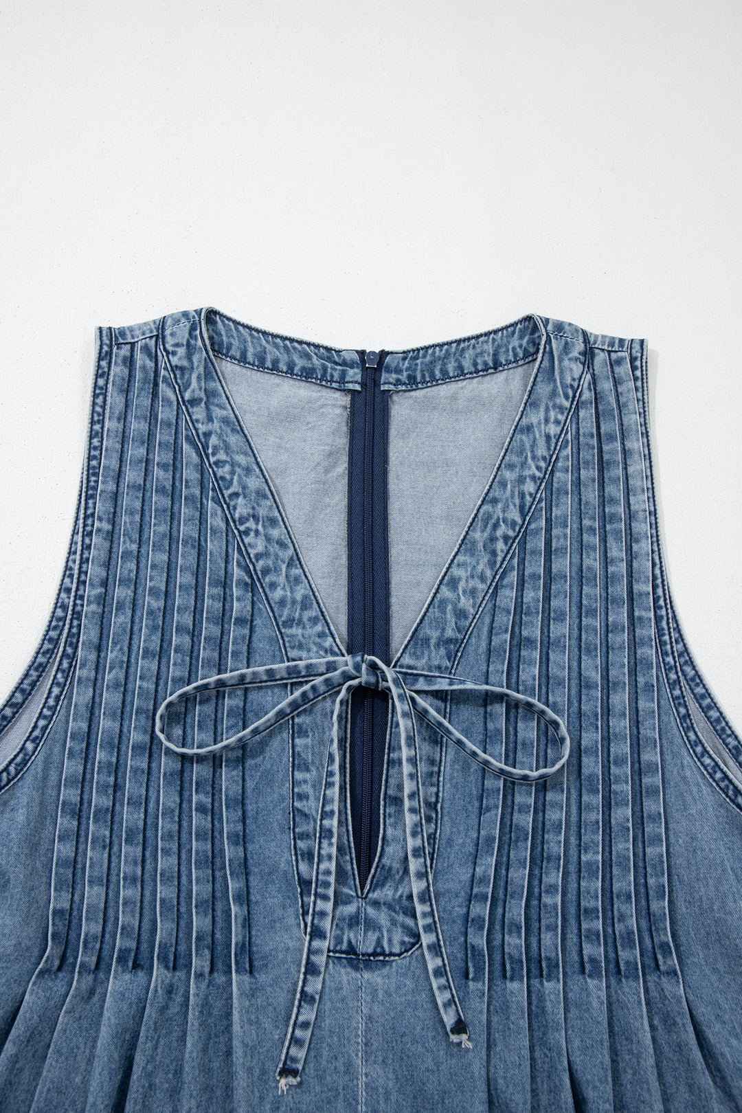 Dusk Blue Acid Wash Pintuck Tie V Neck Denim Wide Leg Jumpsuit