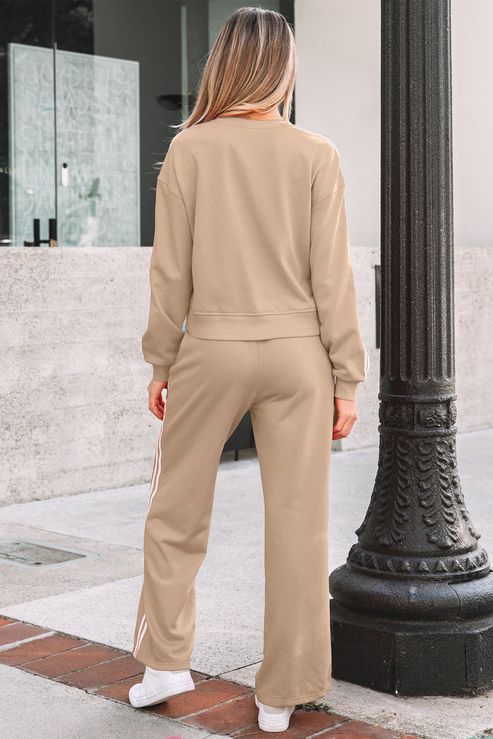 Oatmeal Varsity Striped Detail Crewneck Pullover Elastic Sweatpants 2pcs Outfit