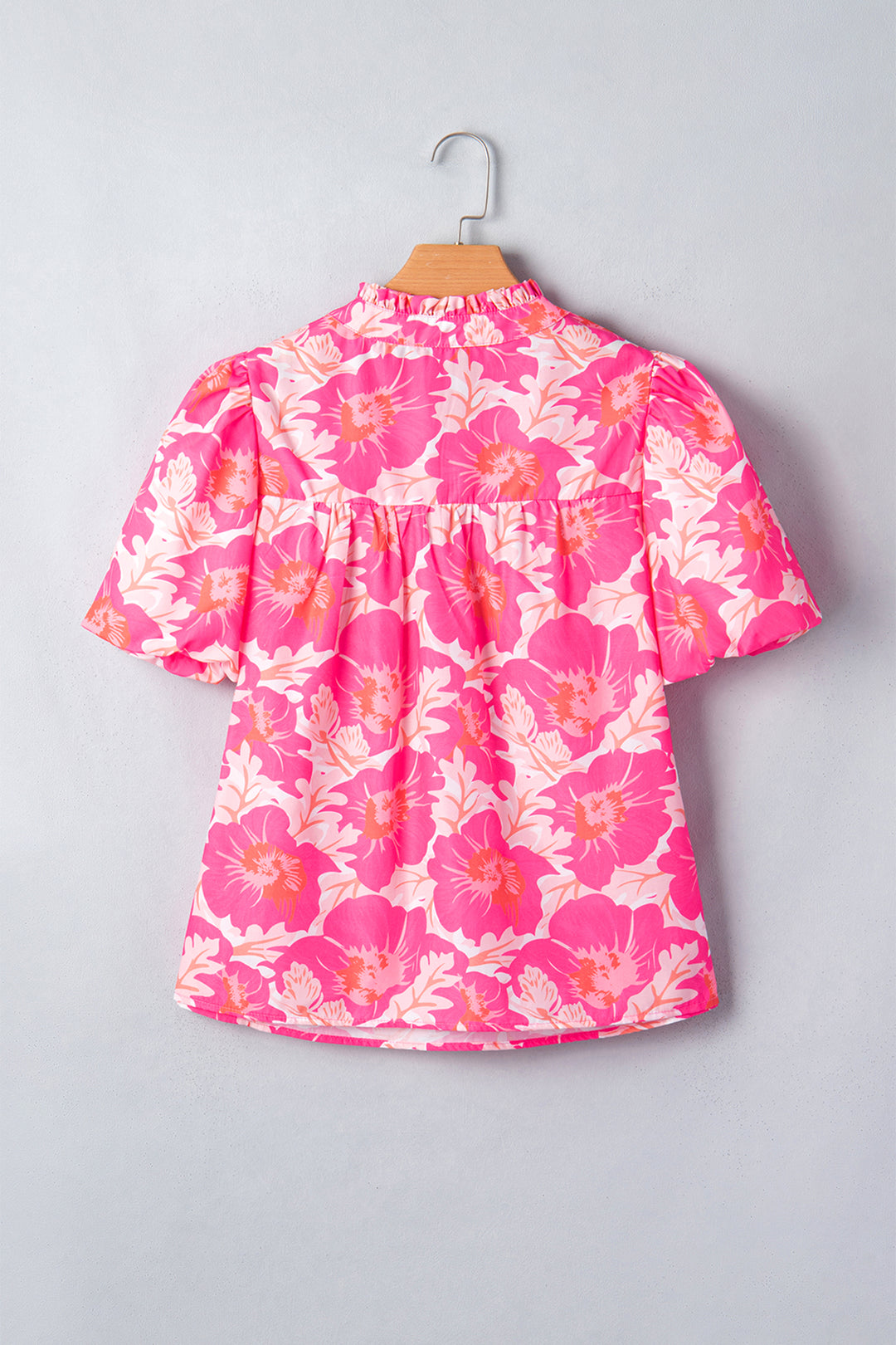 Pink Short Bubble Sleeve Summer Floral Blouse