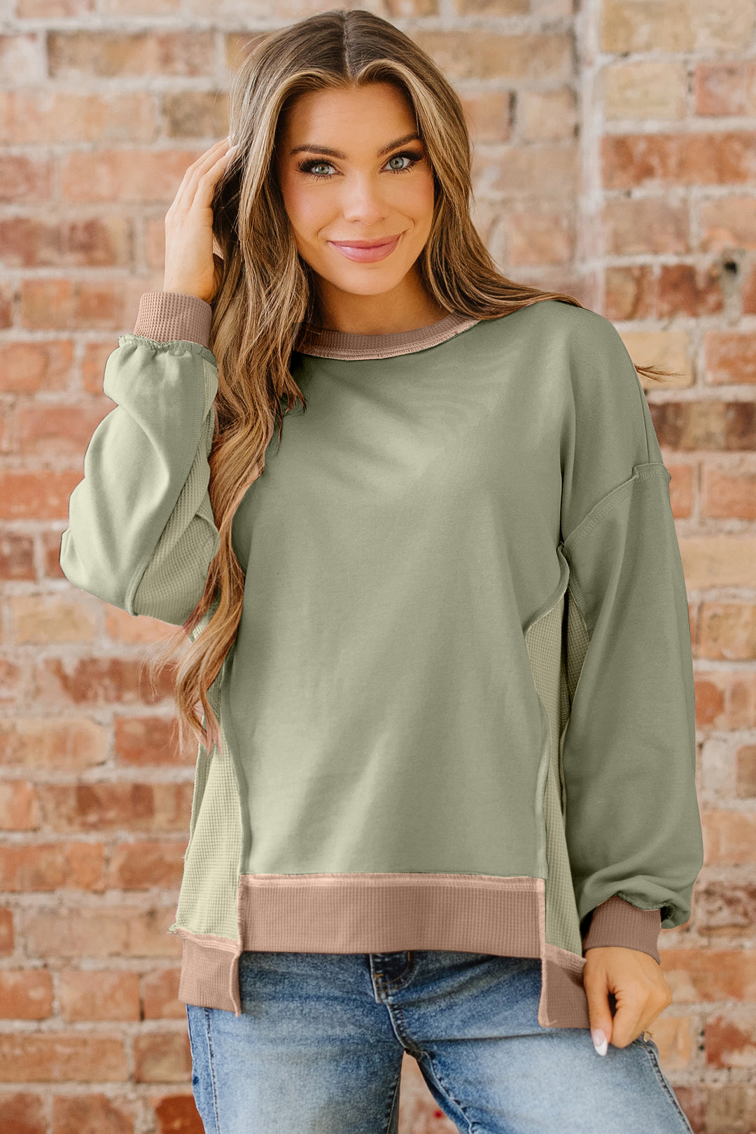 Wild Wind Color Block Mix Texture Waffle Patchwork Oversize Sweatshirt