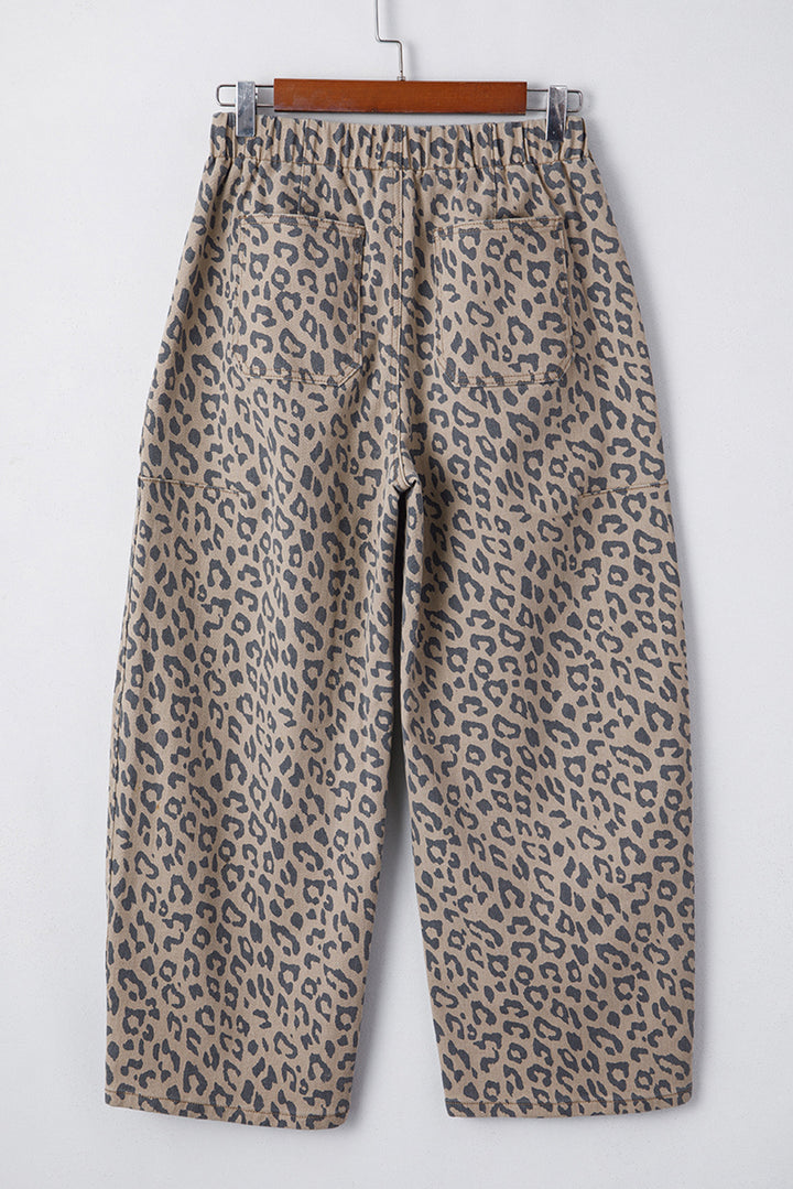 Khaki Leopard Printed Drawstring Elastic Waistband Pocketed Wide Leg Jeans