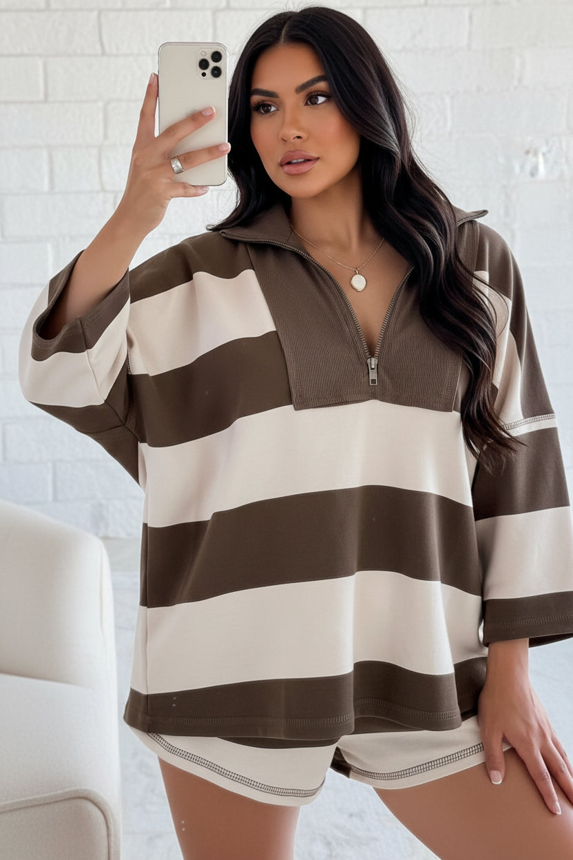 Brown Striped Color Block Zip Collar 3/4 Sleeve Oversize Sweatshirt
