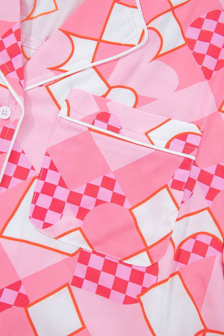 Pink Heart Print Shirt Style Silky Short Pajama Set
