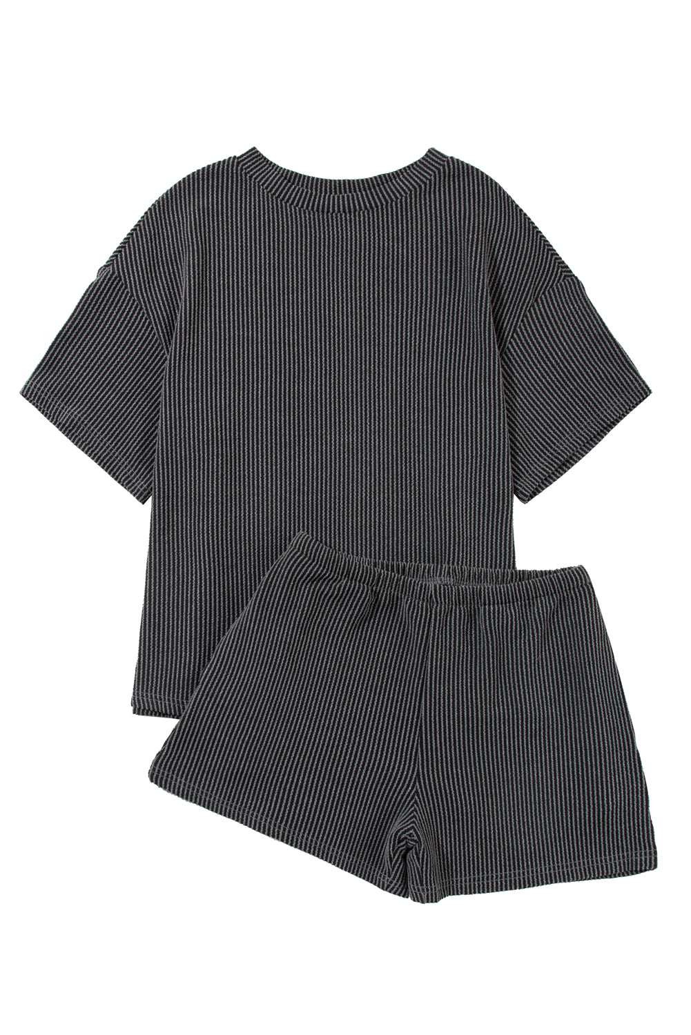 Carbon Grey Ribbed Textured Knit Loose Fit Tee and Shorts Set | Women