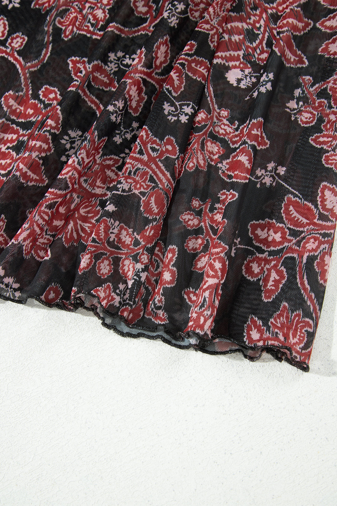 Black Retro Floral Print Long Sleeve Casual Mesh Dress