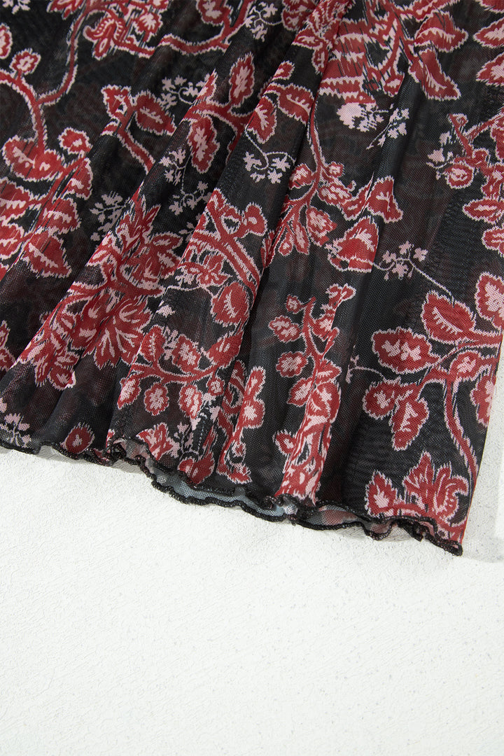 Black Retro Floral Print Long Sleeve Casual Mesh Dress