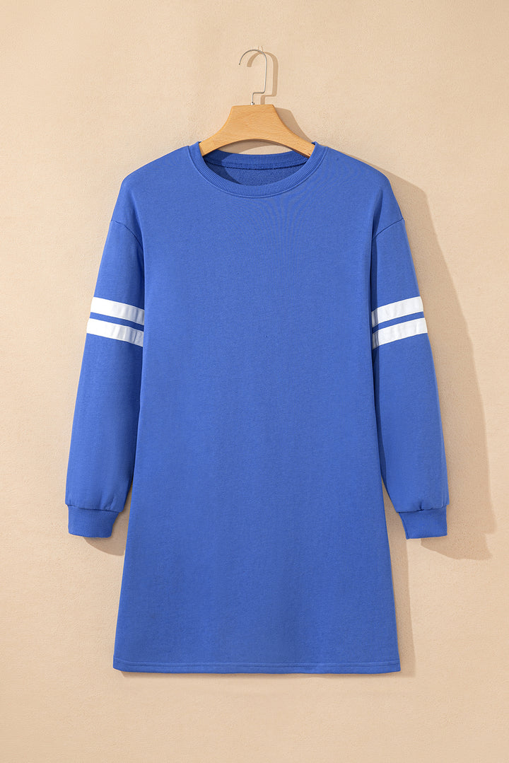 Sky Blue Varsity Contrast Banded Sleeve Shift Sweatshirt Dress