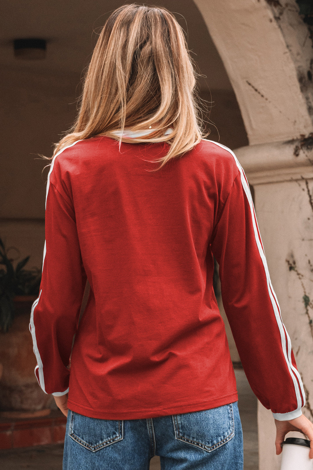 Fiery Red Varsity Striped Accent Contrast Crew Neck Long Sleeve T Shirt