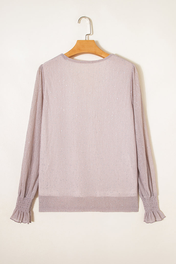 Light Pink V Neck Sequin Plisse Long Sleeve Blouse