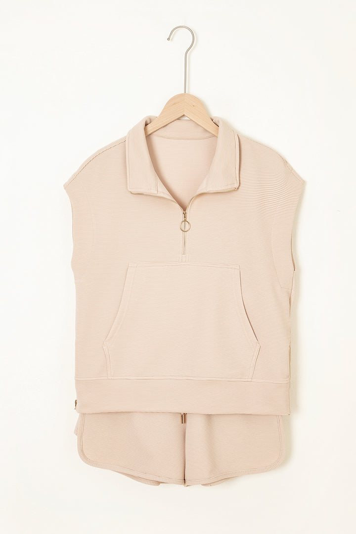 Parchment Textured Half Zip Kangaroo Pocket Top Drawstring Shorts Set