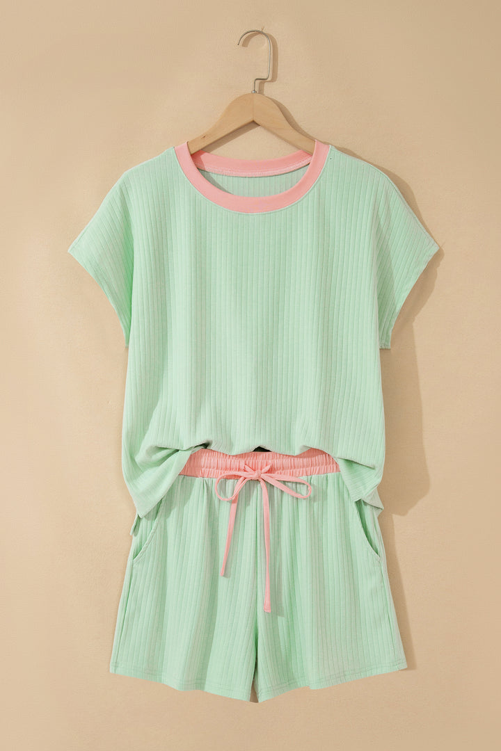Mist Blue Soft Ribbed Color Block Trim Casual Short Set