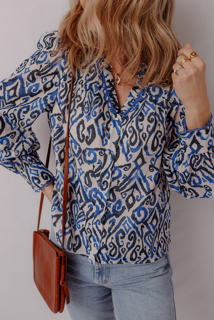 Blue Bohemian Print Embroidered V Neckline Detail Long Sleeve Shirt