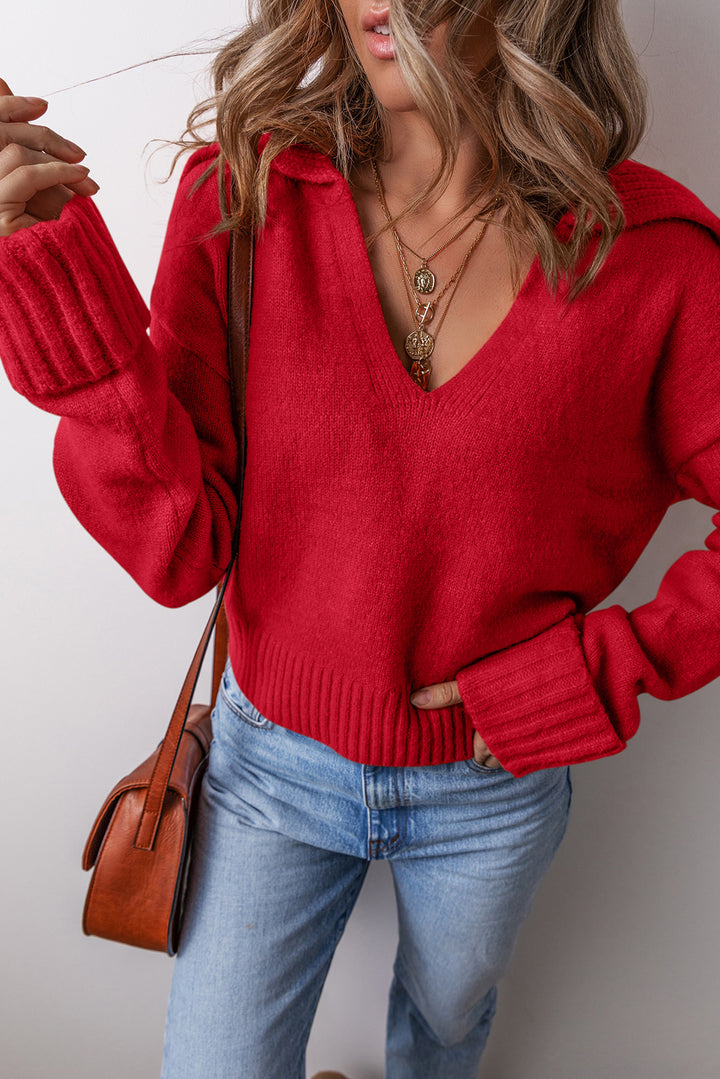 Racing Red Collared V Neck Ribbed Edge Sexy Elegant Sweater
