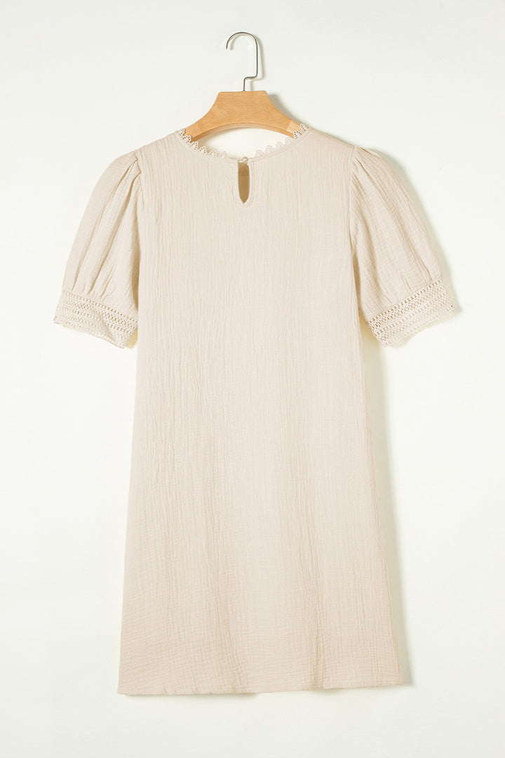 Beige Crinkle Lace Trim Puff Sleeve Shift Cotton Mini Dress