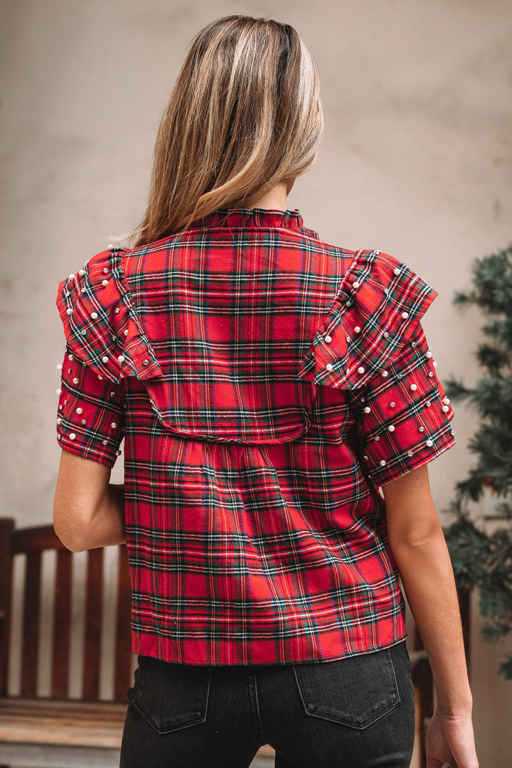 Red Festive Plaid Pearl Embellished Ruffle Short Sleeve Blouse