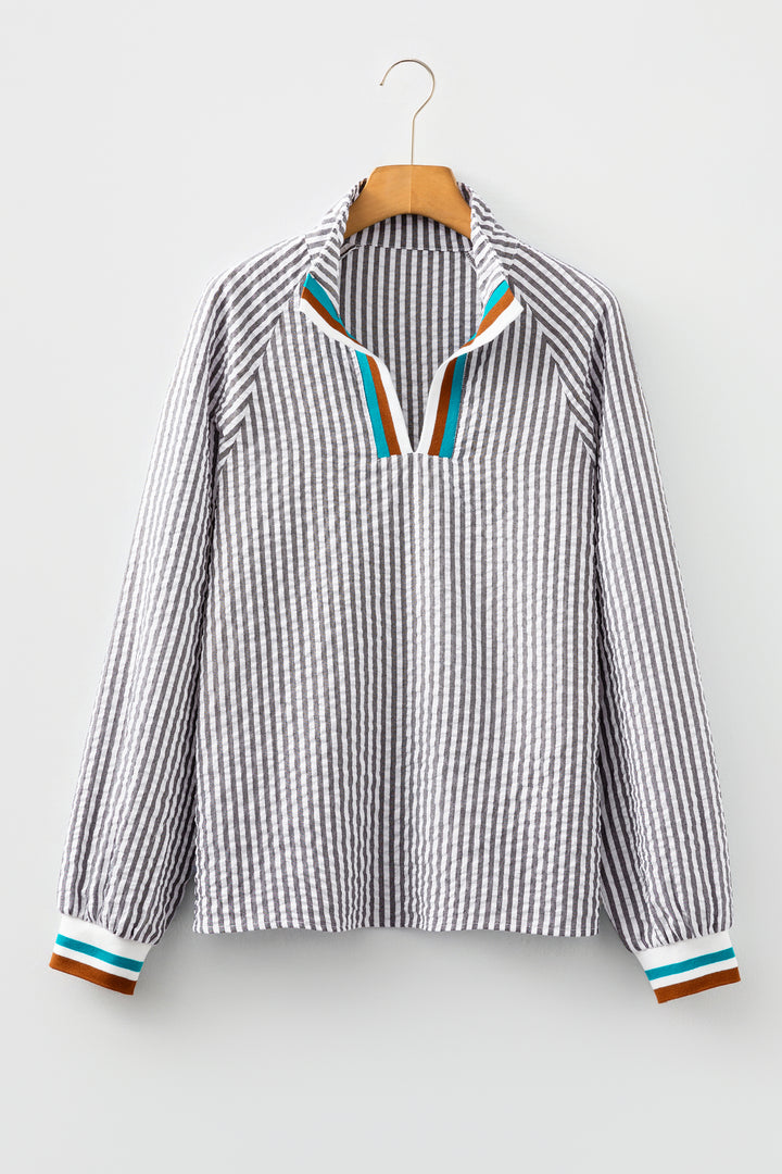 Dark Grey Striped Print Contrast Patchwork Detail Split Neck Blouse