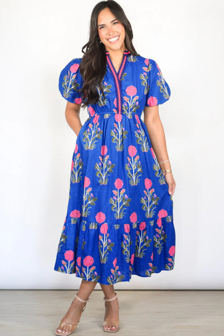 Sky Blue Floral Puff Short Sleeve V Neck High Waist Maxi Dress