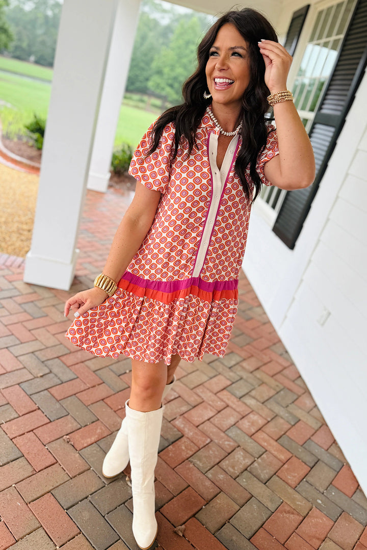Orange Geometric Floral Print Color Block Trim Button Front Ruffle Hem Dress