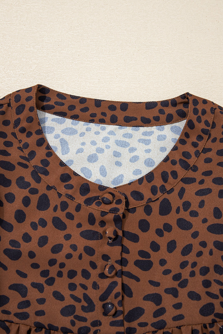 Brown Leopard Print Ruffled Puff Sleeve Blouse