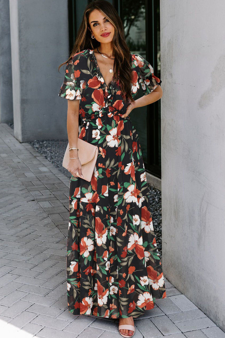 Black Fiery Floral Print Frilled V Neck Short Sleeve Maxi Dress