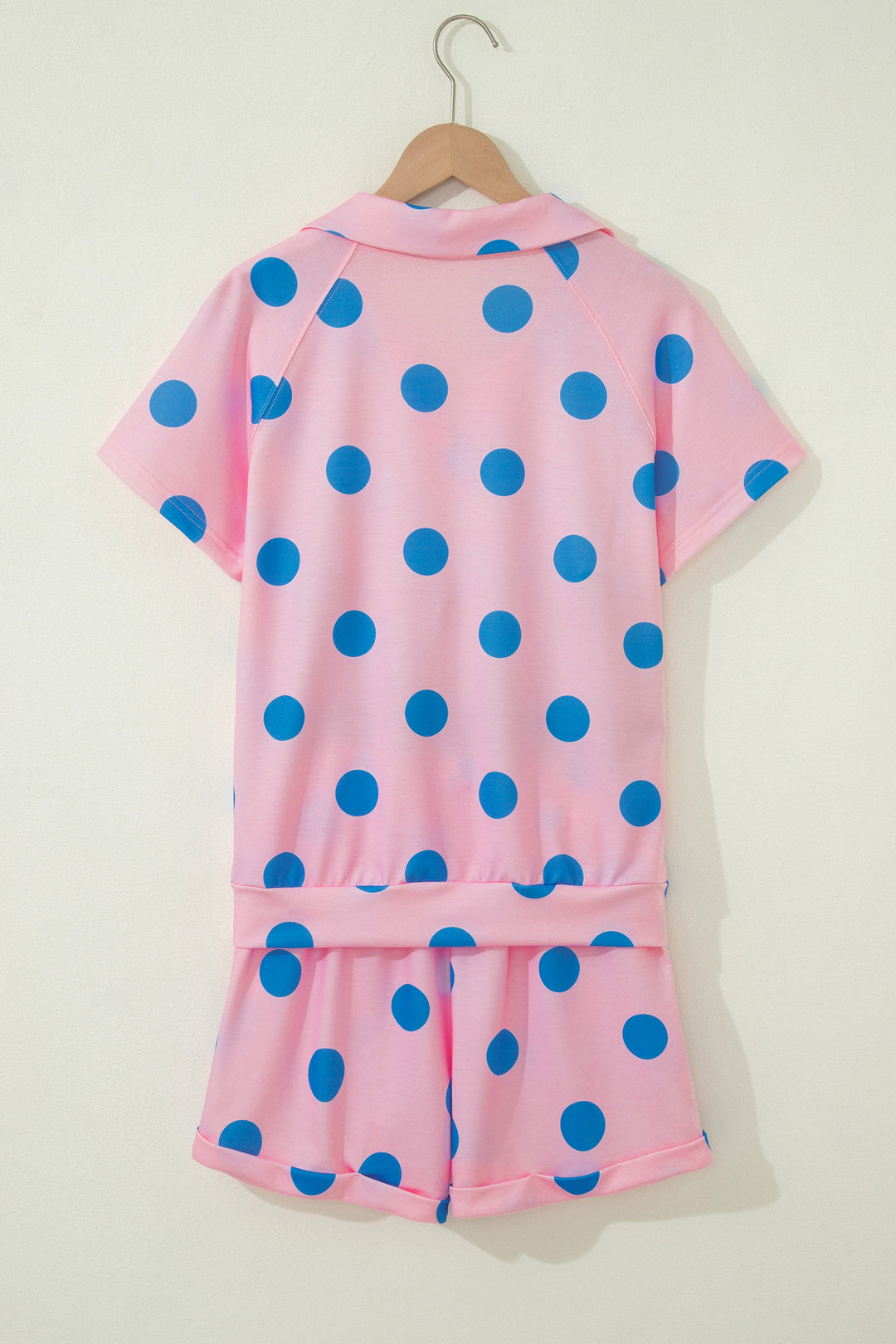 Pink Polka Dot Print V Neck Tee Short Set