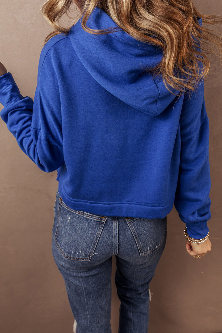 Black Solid Drop Shoulder Drawstring Cropped Hoodie